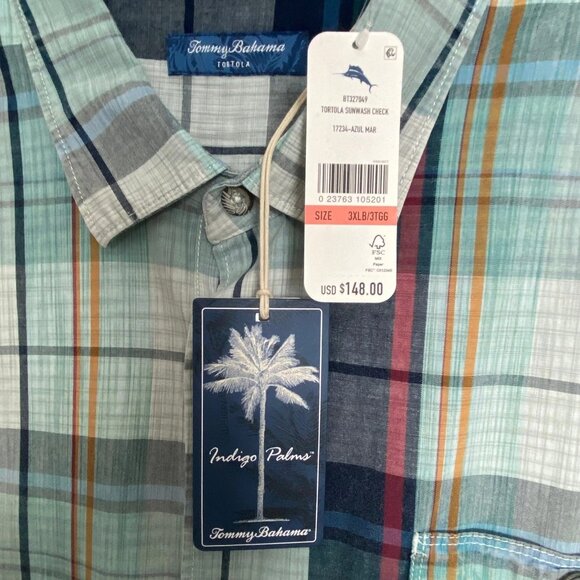 Tommy Bahama Tortola Sunwash Check Plaid Shirt 3XLB Big & Tall Azul Mar Cotton - Picture 10 of 12